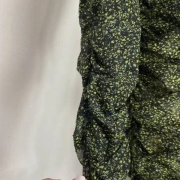 Zara Green Black Floral Ruched Draped Mini Dress Puff Shoulder V-Neck - Picture 4 of 6